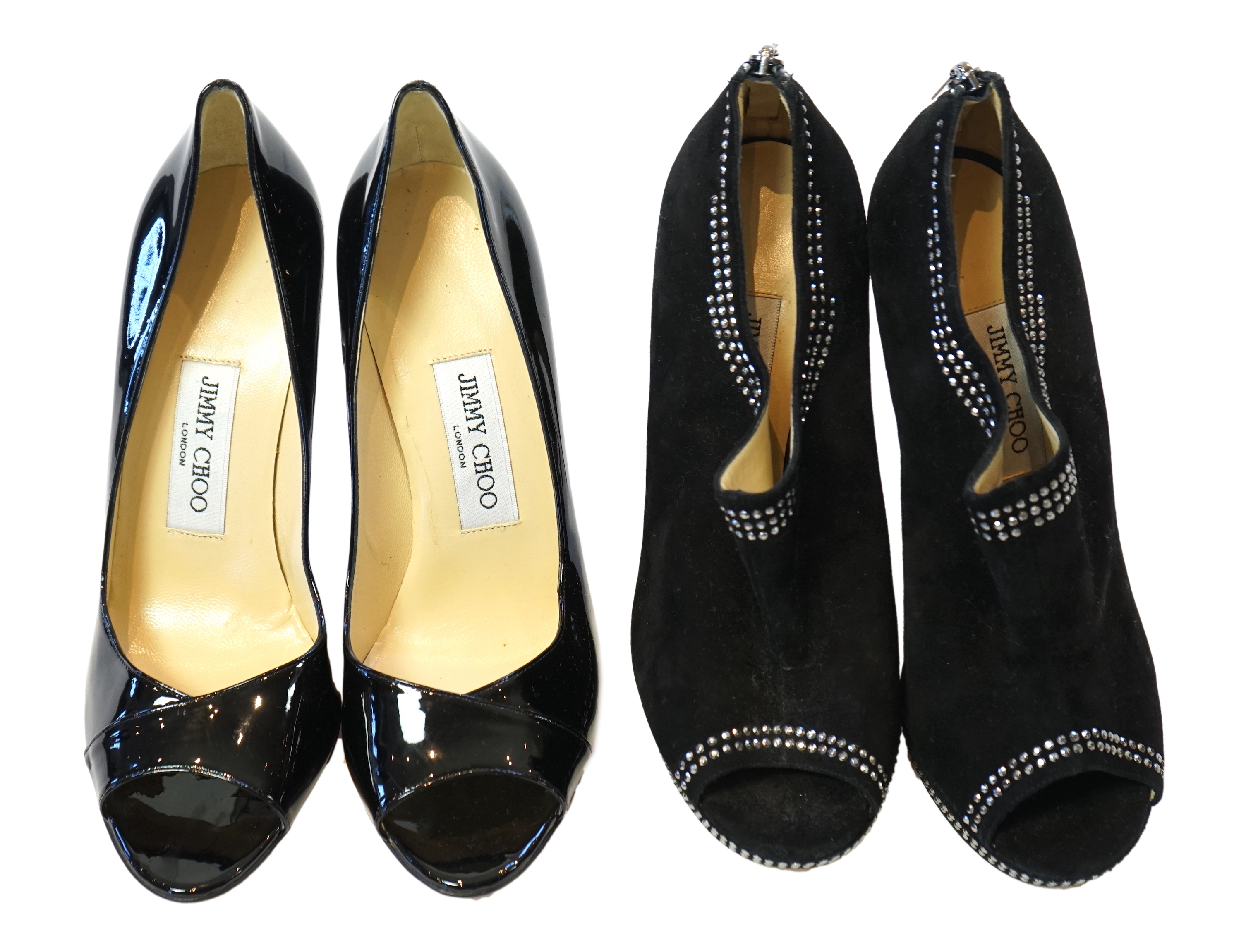 Two pairs of Jimmy Choo black lady's heeled open toe shoes, size EU 39